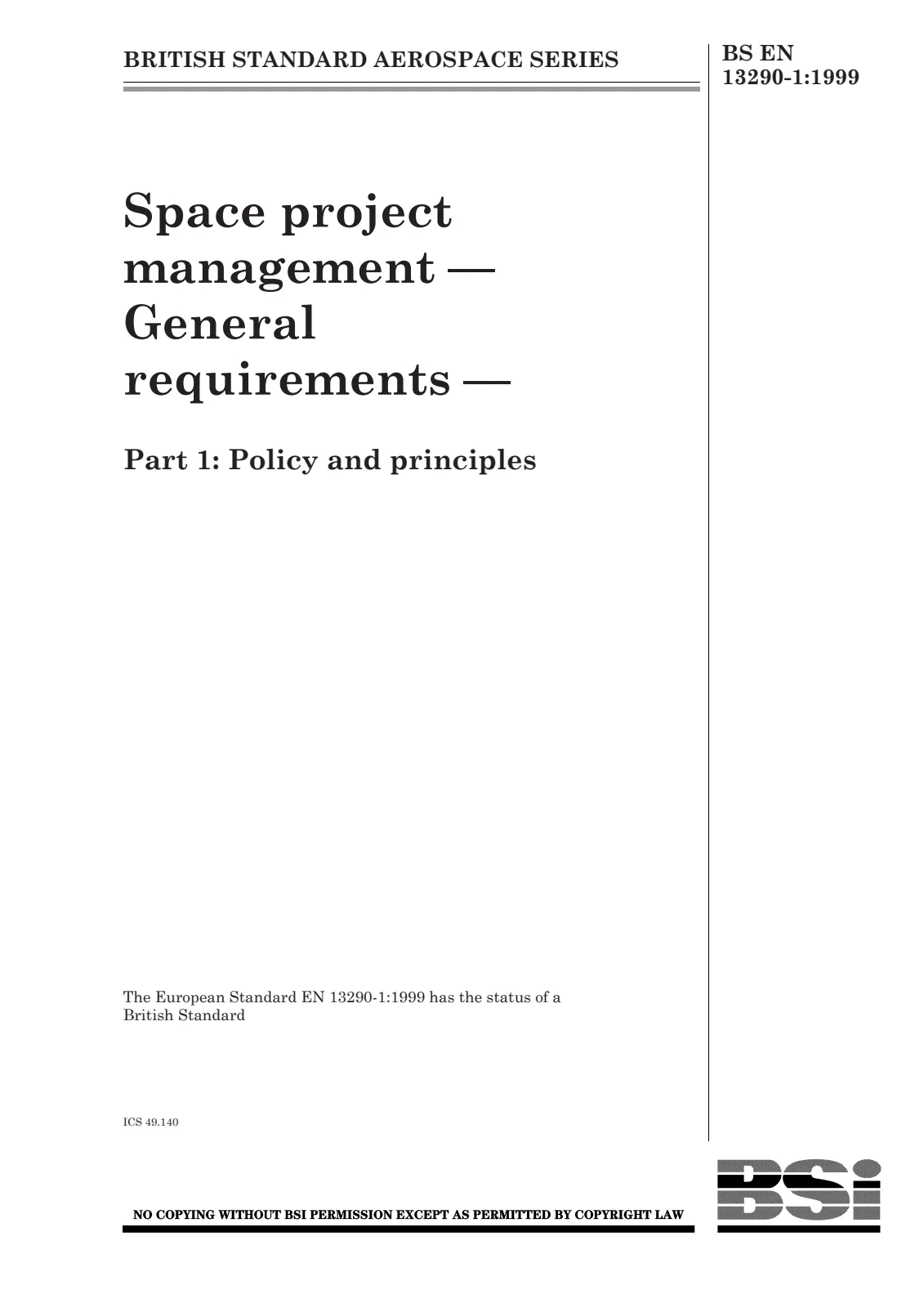 First page of standard BS EN 13290-1:1999