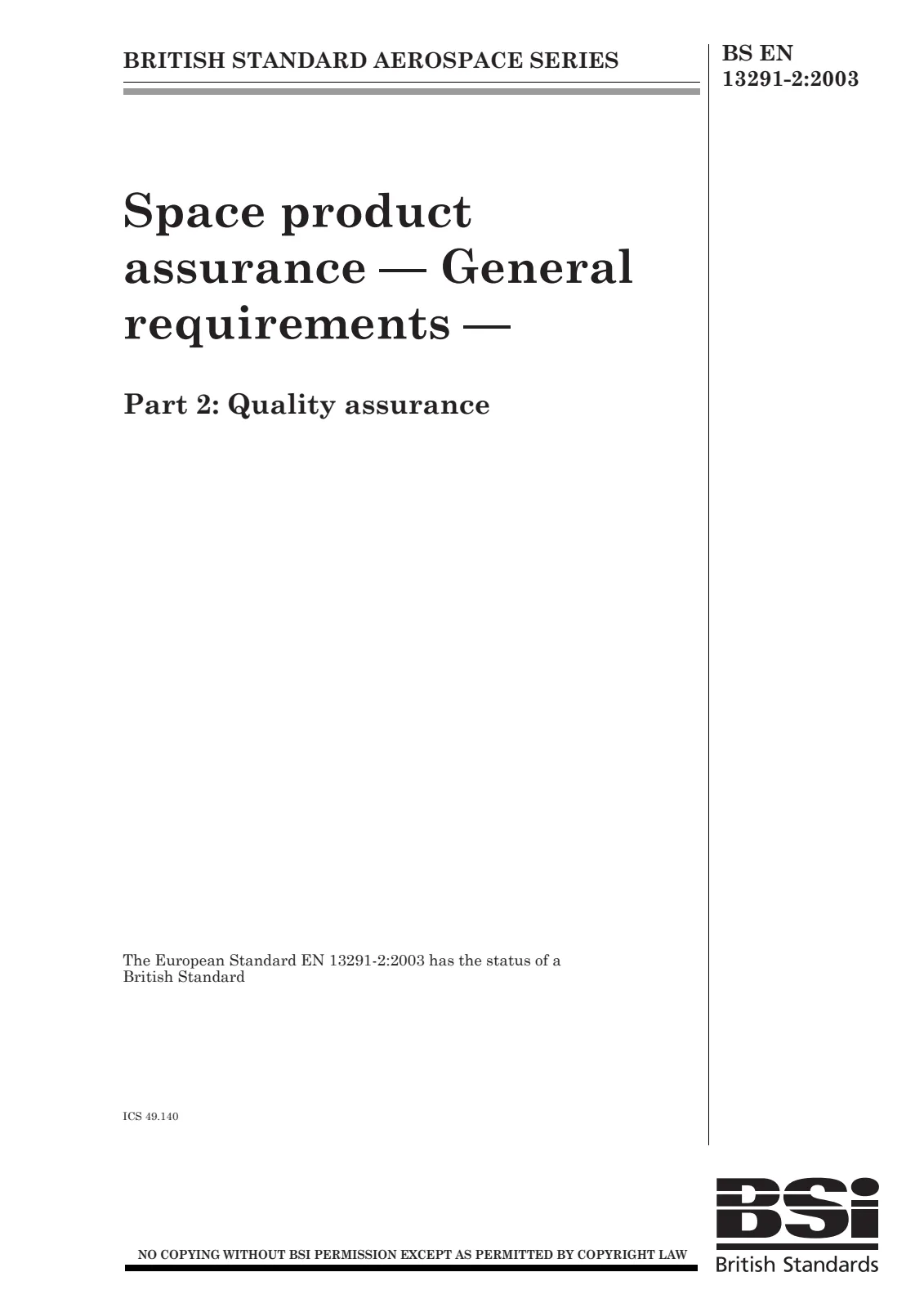 First page of standard BS EN 13291-2:2003