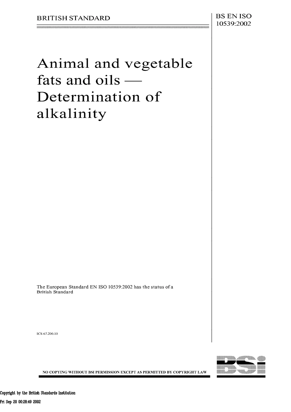 First page of standard BS EN ISO 10539:2002