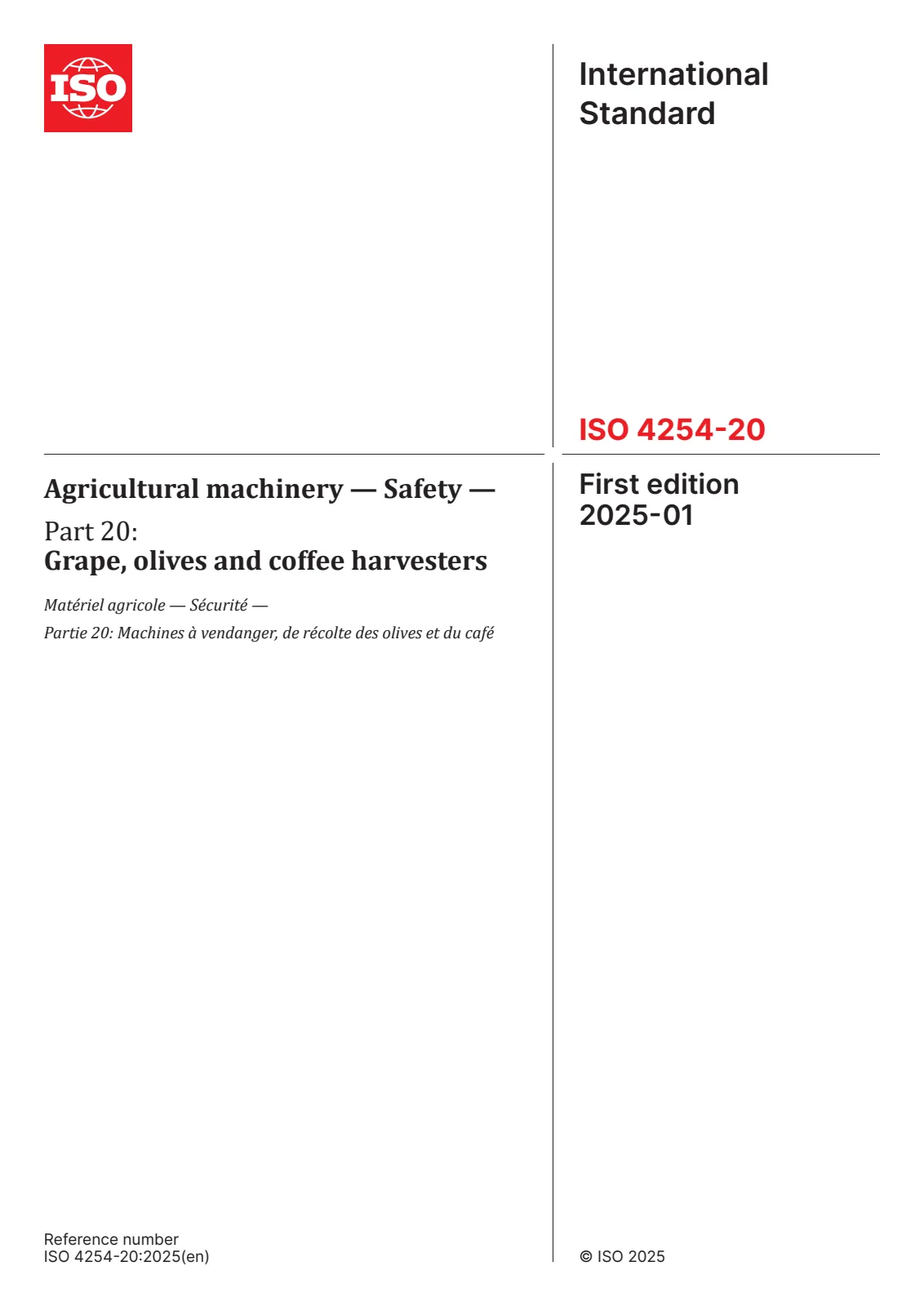 First page of standard ISO 4254-20:2025
