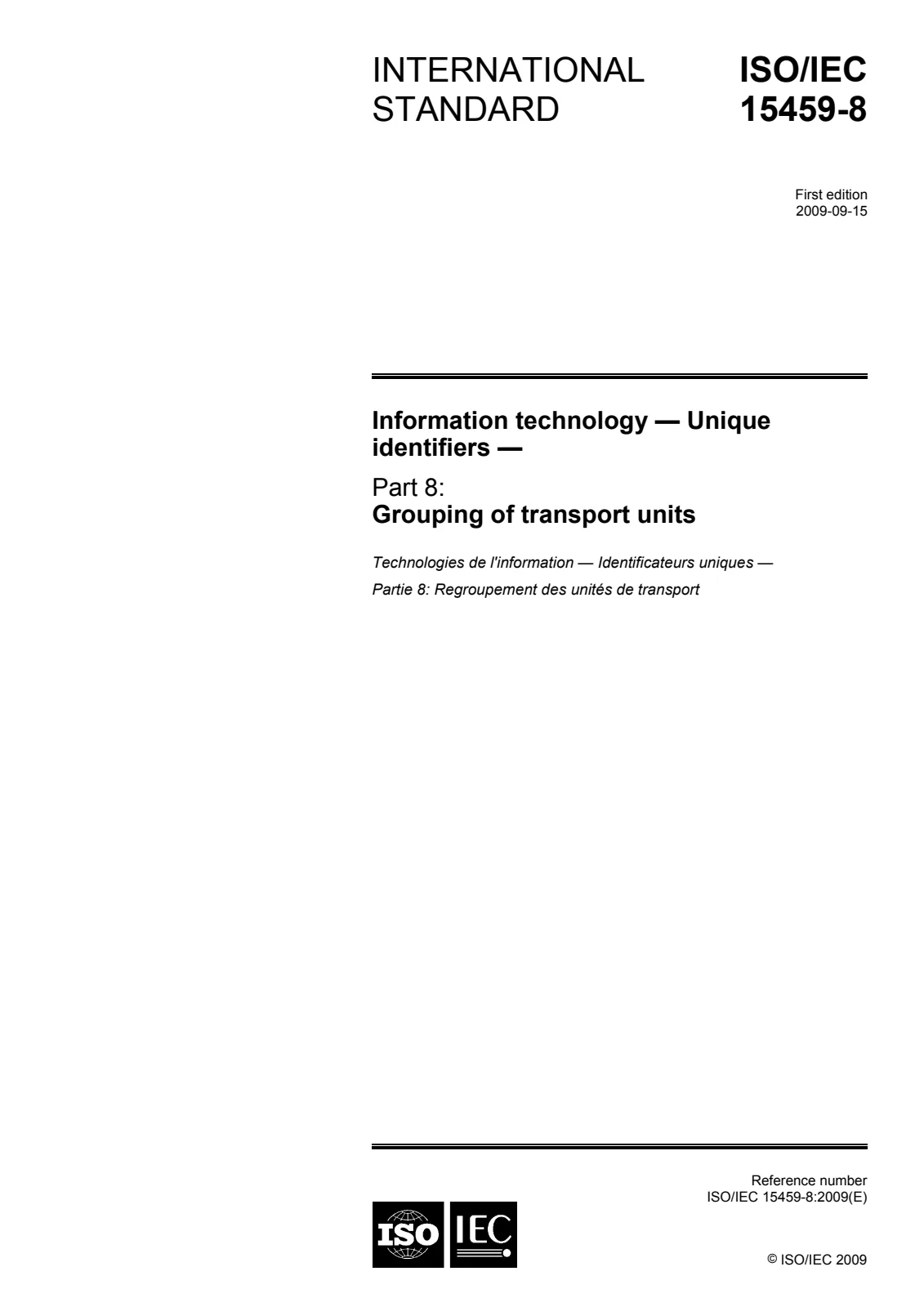 First page of standard ISO/IEC 15459-8:2009